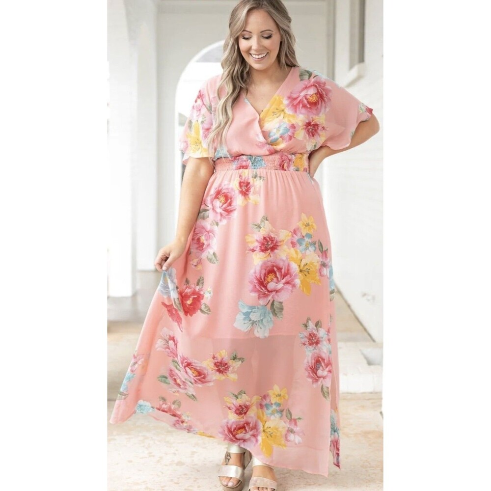 Oddy Floral Pink Roses Surplice Neckline Smoked Chifon Maxi Dress 1XL Lined